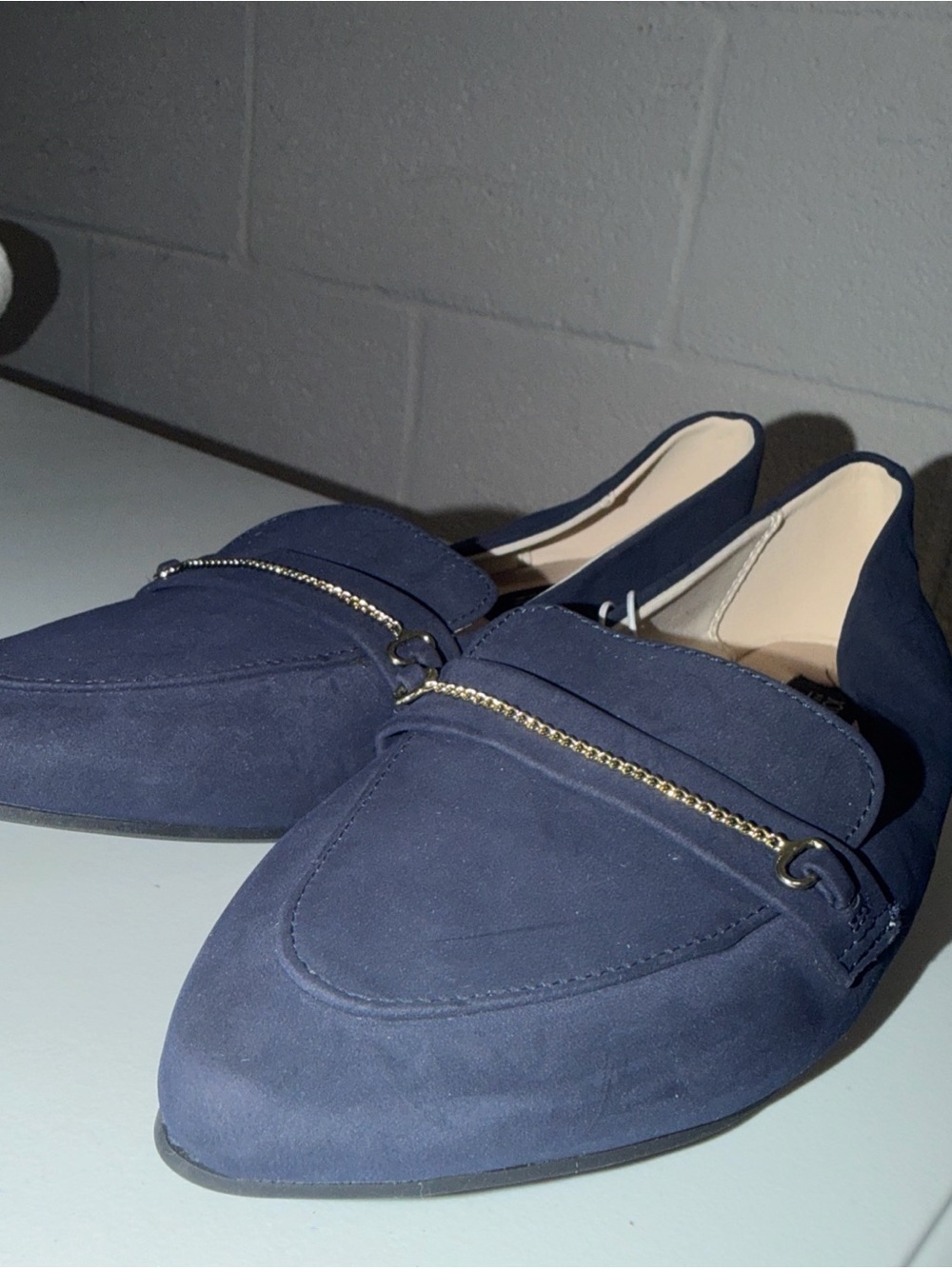 Jones New York Navy Suede Pointed Loafers with Gold Chain